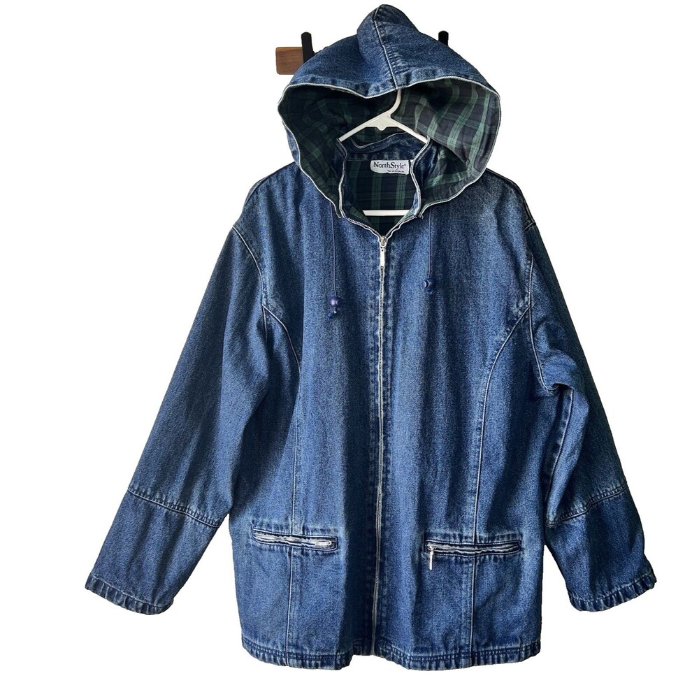 NorthStyle Denim Hooded Jacket Womens XL Full Zip Plaid Flannel Lined Chore Coat